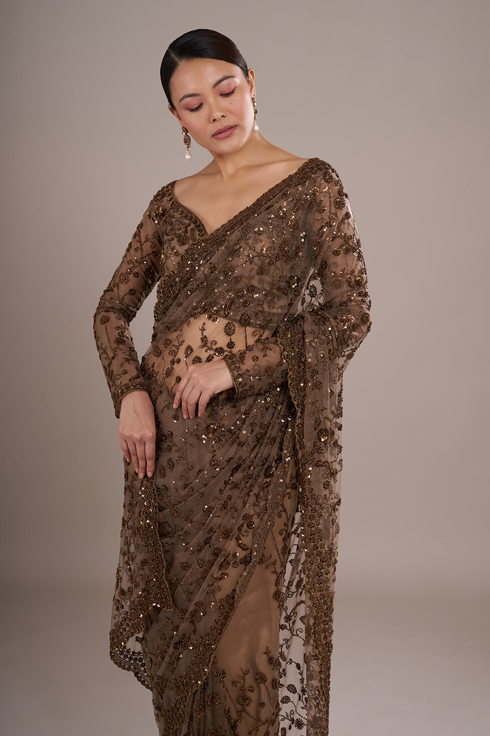 Brown Net Saree with Sequin Embroidery and Stitched Blouse