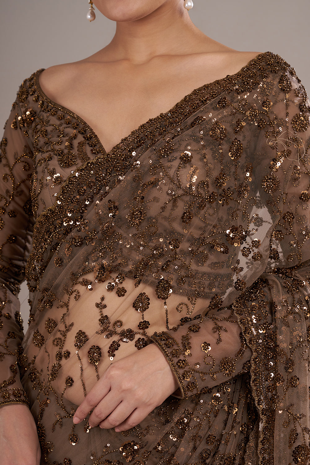 Brown Net Saree with Sequin Embroidery and Stitched Blouse