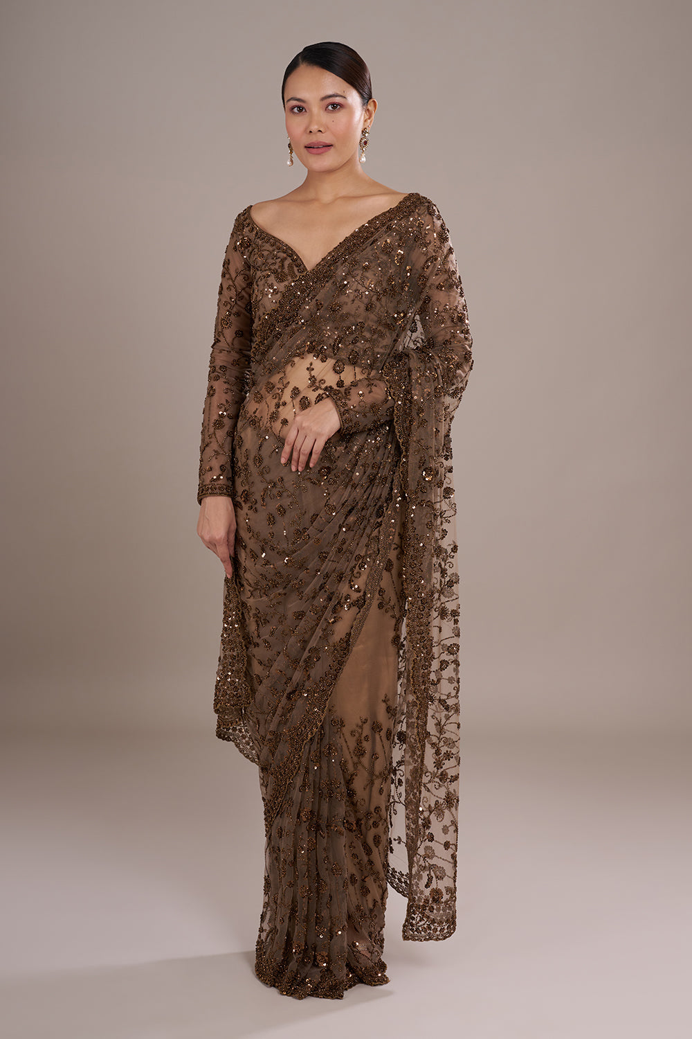 Brown Net Saree with Sequin Embroidery and Stitched Blouse