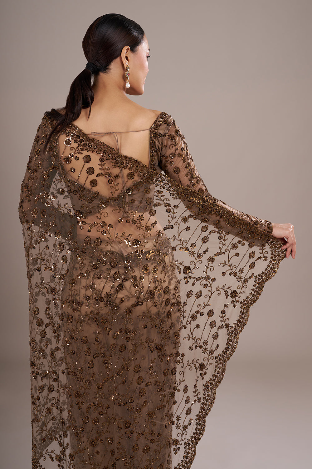 Brown Net Saree with Sequin Embroidery and Stitched Blouse