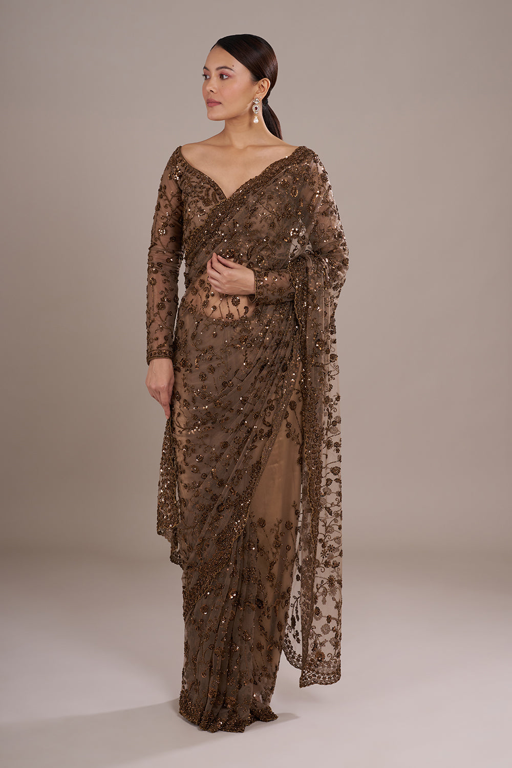 Brown Net Saree with Sequin Embroidery and Stitched Blouse
