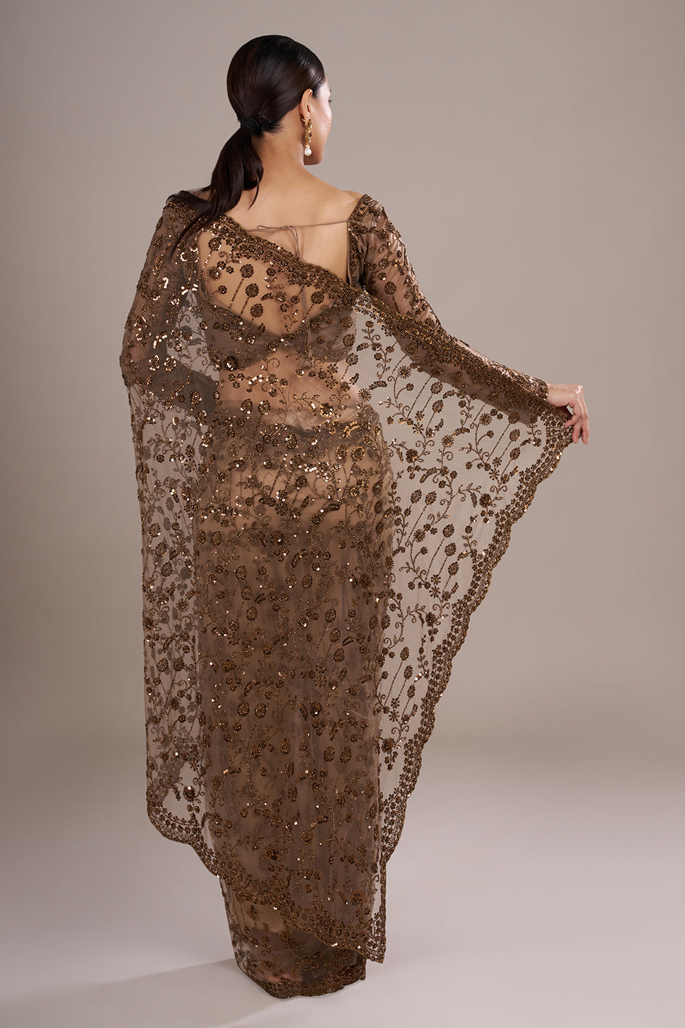 Brown Net Saree with Sequin Embroidery and Stitched Blouse