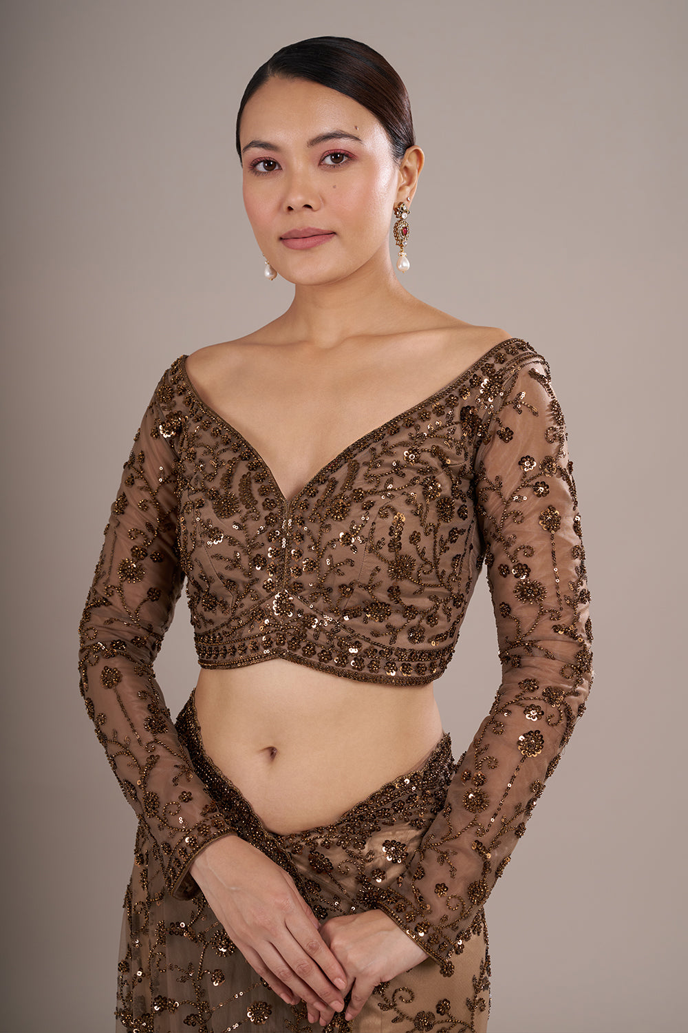 Brown Net Saree with Sequin Embroidery and Stitched Blouse