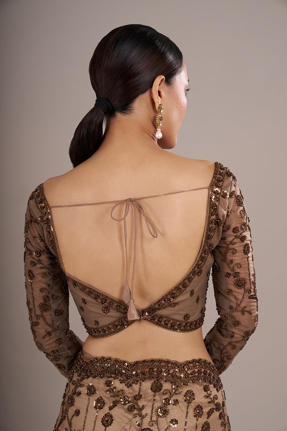 Brown Net Saree with Sequin Embroidery and Stitched Blouse