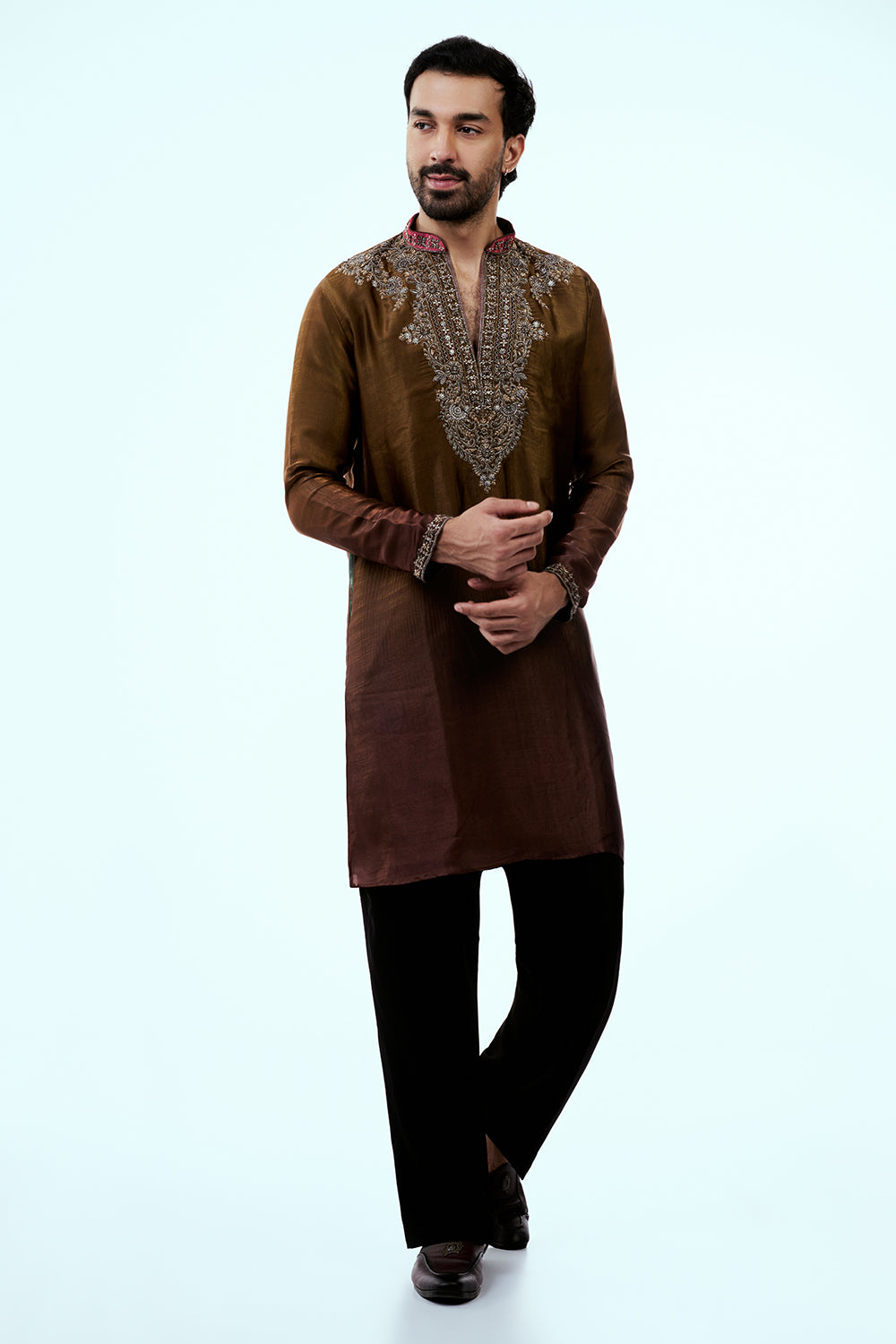 Brown Ombre Tissue Organza Mens Kurta Set with Metallic Handwork
