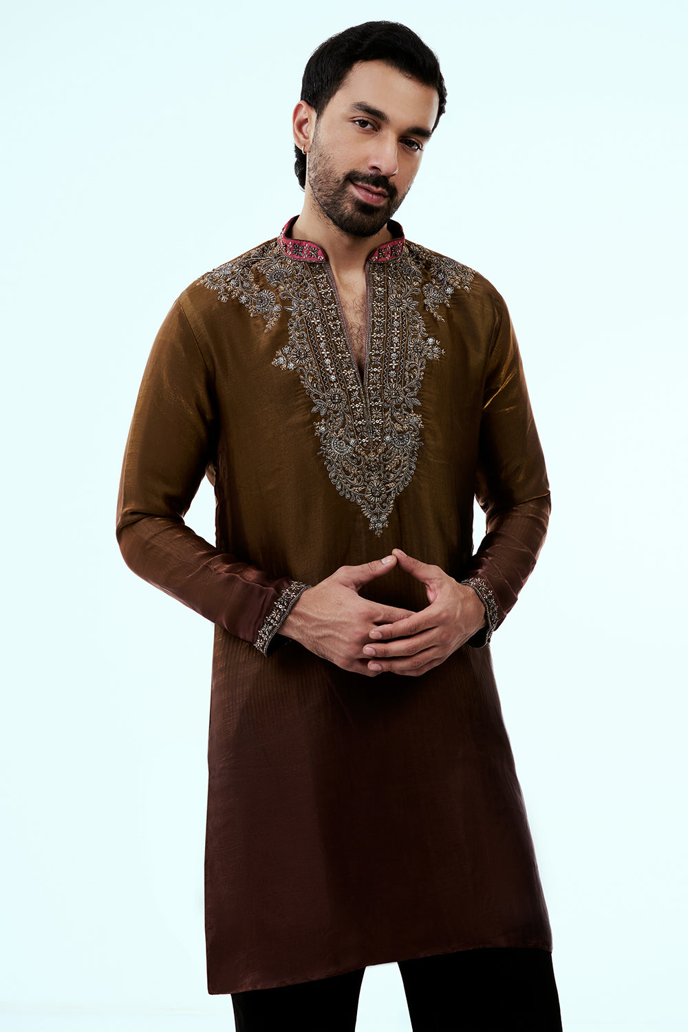 Brown Ombre Tissue Organza Mens Kurta Set with Metallic Handwork