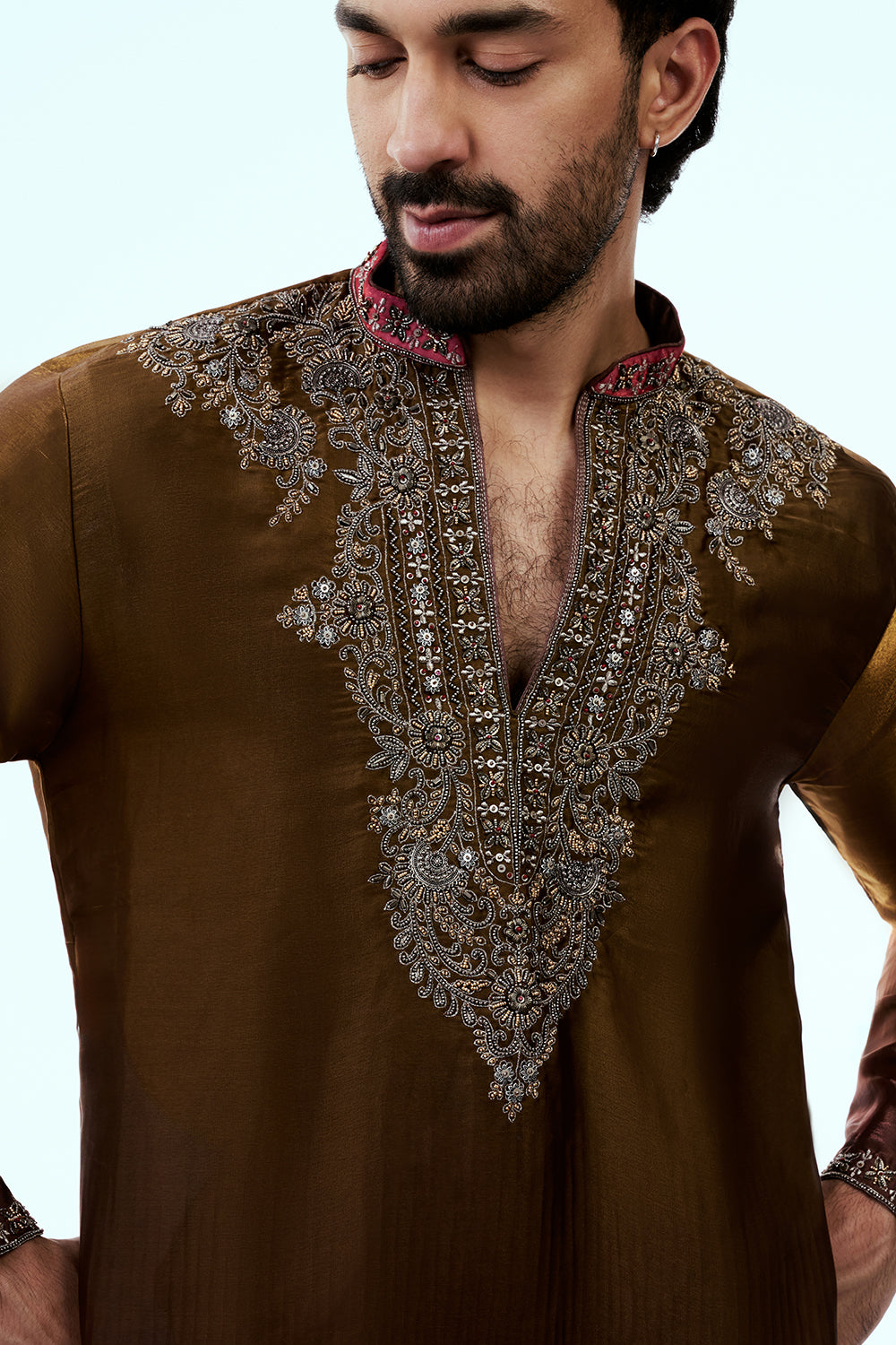 Brown Ombre Tissue Organza Mens Kurta Set with Metallic Handwork