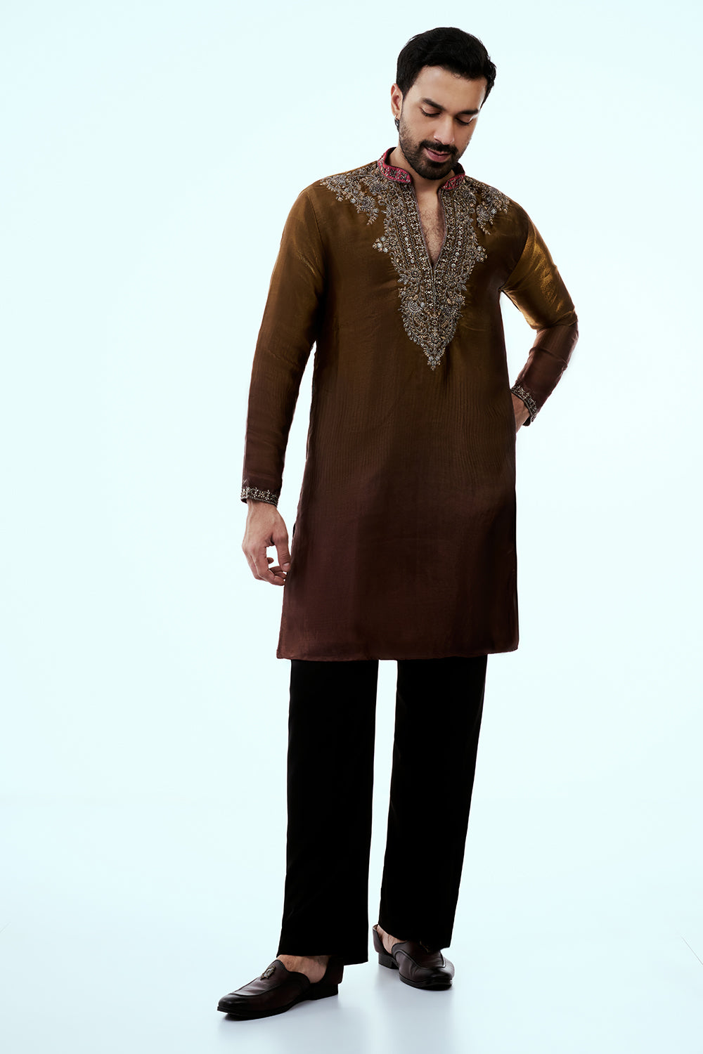 Brown Ombre Tissue Organza Mens Kurta Set with Metallic Handwork