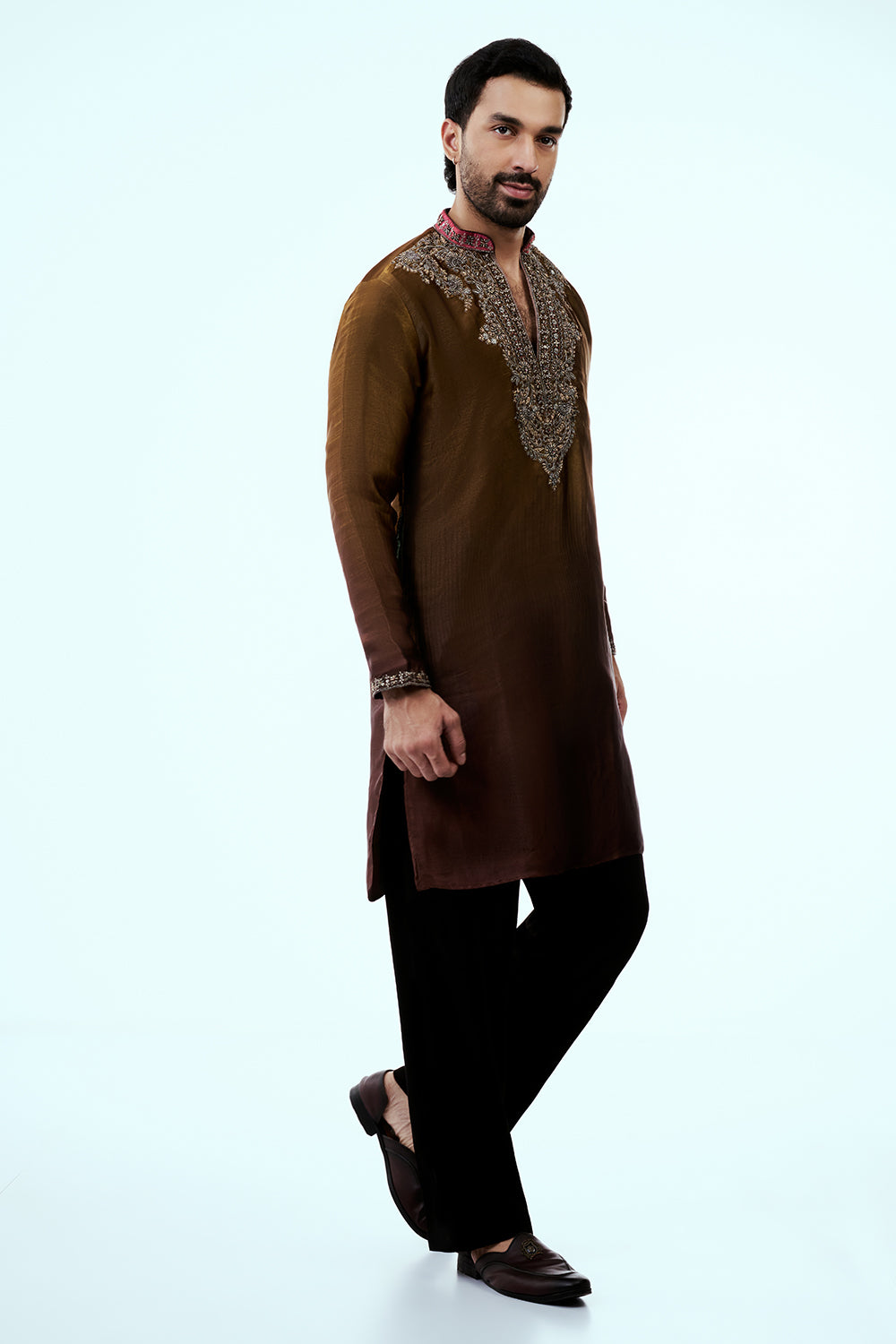Brown Ombre Tissue Organza Mens Kurta Set with Metallic Handwork