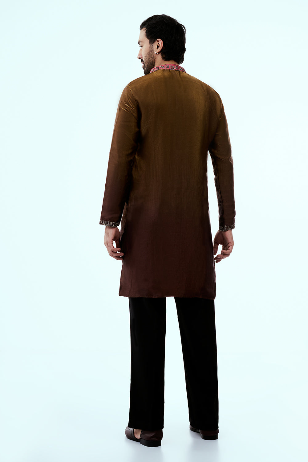 Brown Ombre Tissue Organza Mens Kurta Set with Metallic Handwork