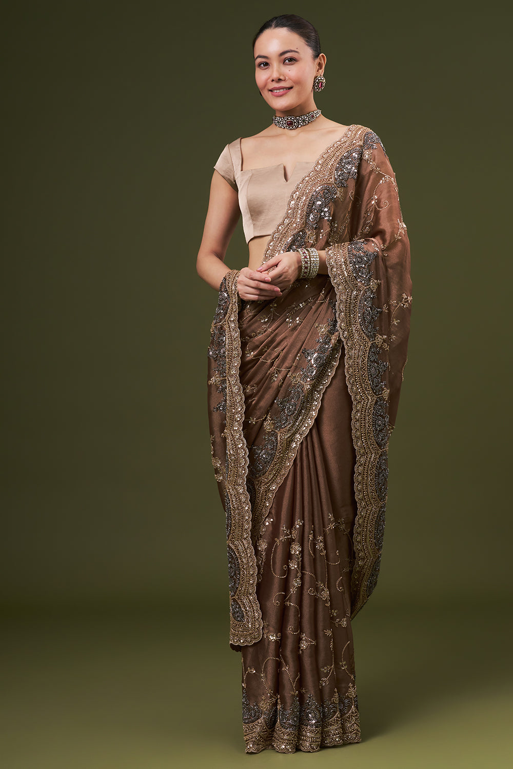 Brown Organza Saree with Zari and Sequin Work