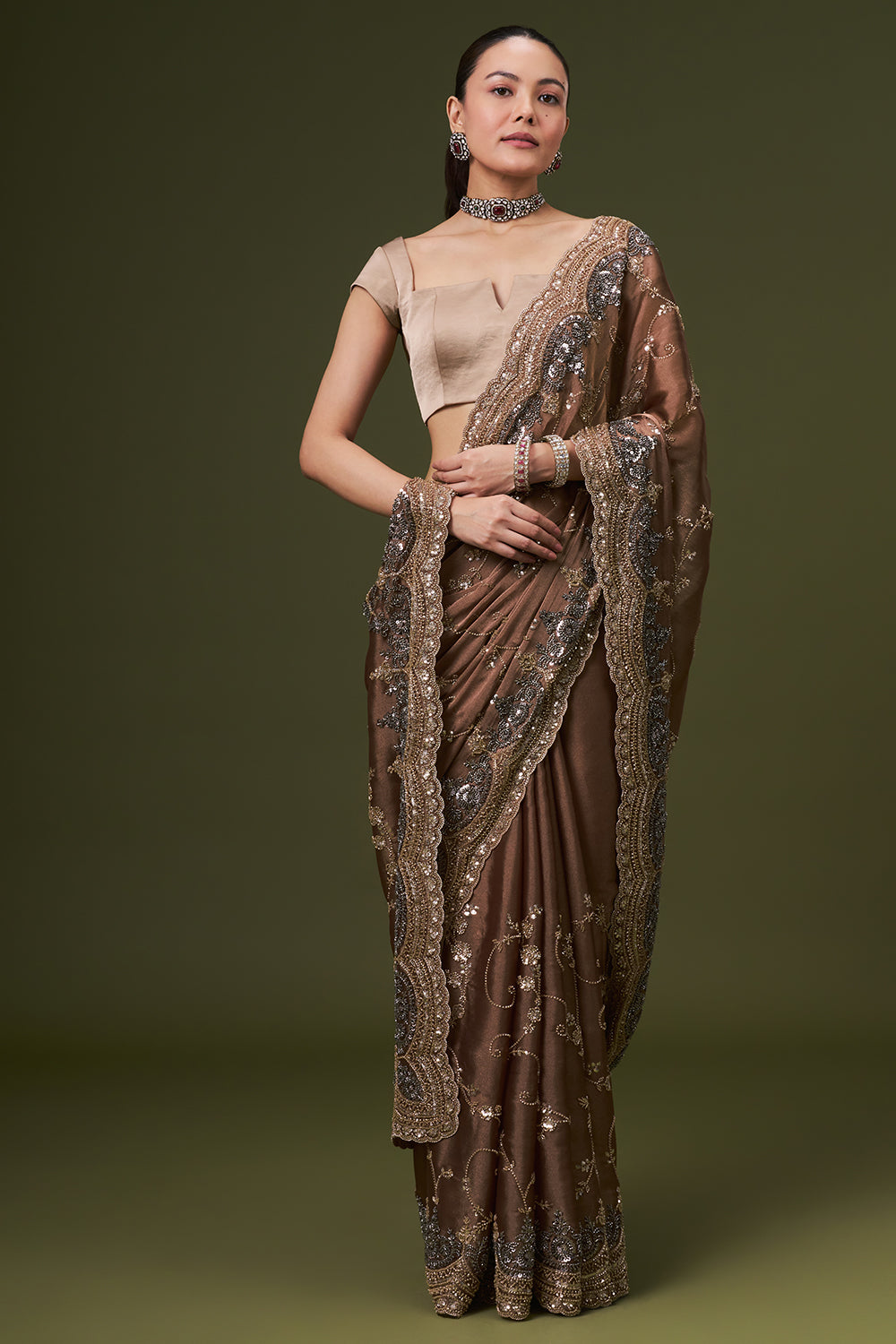 Brown Organza Saree with Zari and Sequin Work