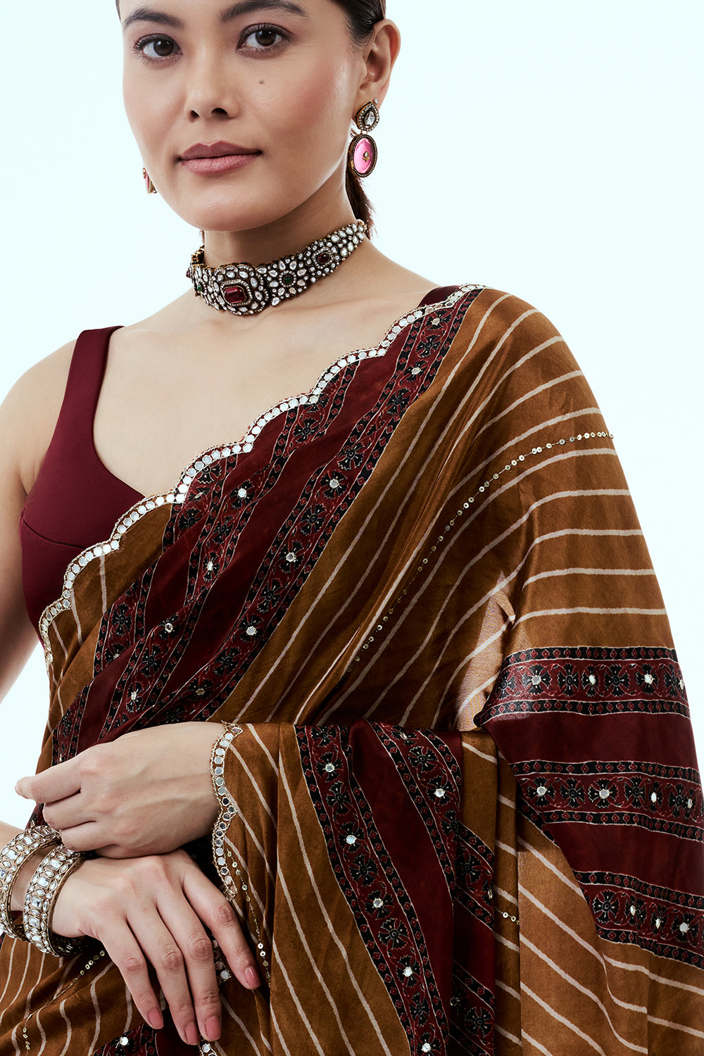 Brown Printed Crepe Saree with Mirror Work