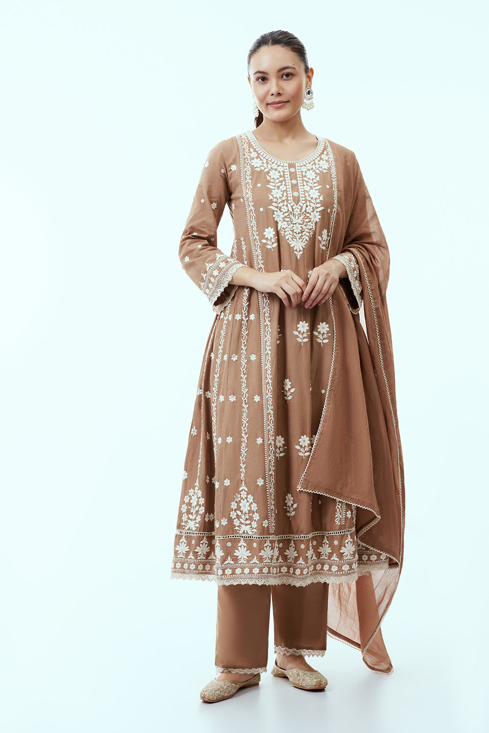 Brown Mul Cotton Suit Anarkali Set with Lucknowi Embroidery