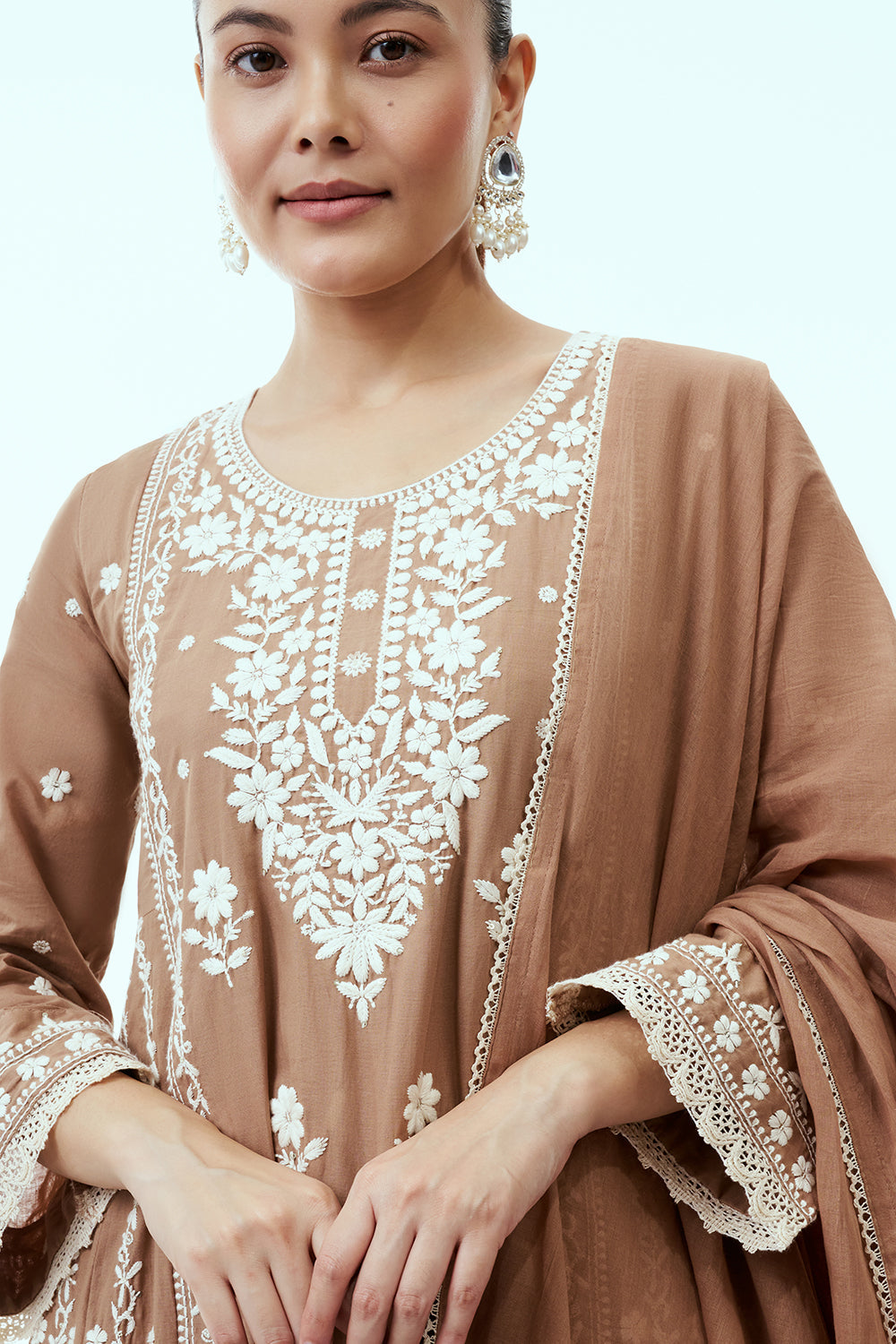 Brown Mul Cotton Suit Anarkali Set with Lucknowi Embroidery