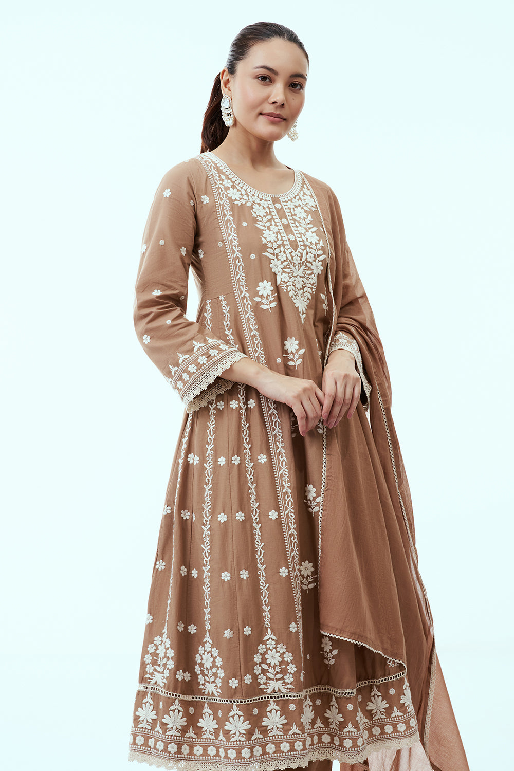 Brown Mul Cotton Suit Anarkali Set with Lucknowi Embroidery
