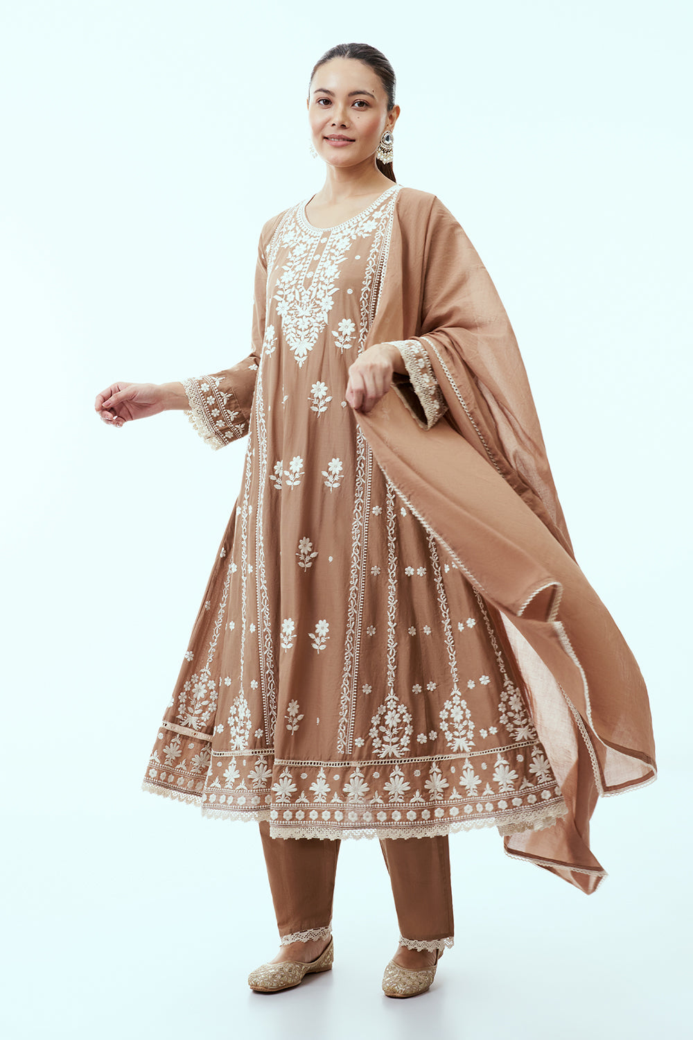 Brown Mul Cotton Suit Anarkali Set with Lucknowi Embroidery