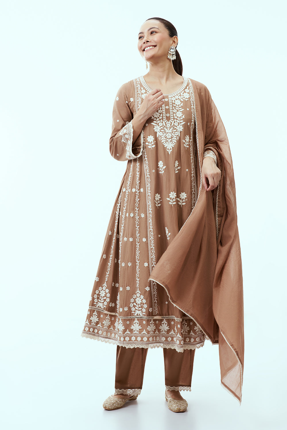 Brown Mul Cotton Suit Anarkali Set with Lucknowi Embroidery
