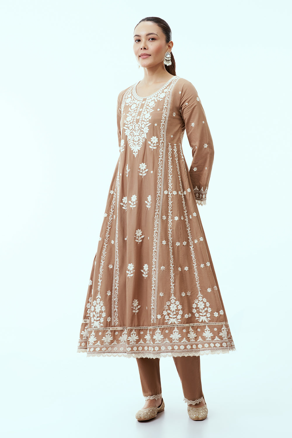 Brown Mul Cotton Suit Anarkali Set with Lucknowi Embroidery