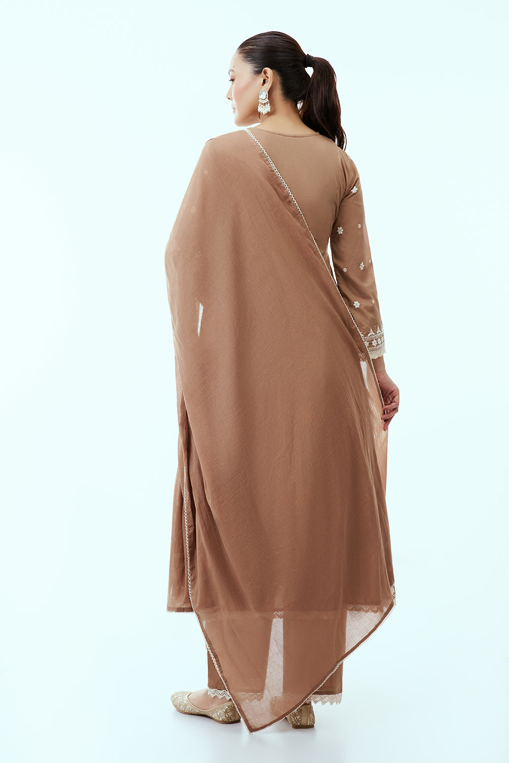 Brown Mul Cotton Suit Anarkali Set with Lucknowi Embroidery