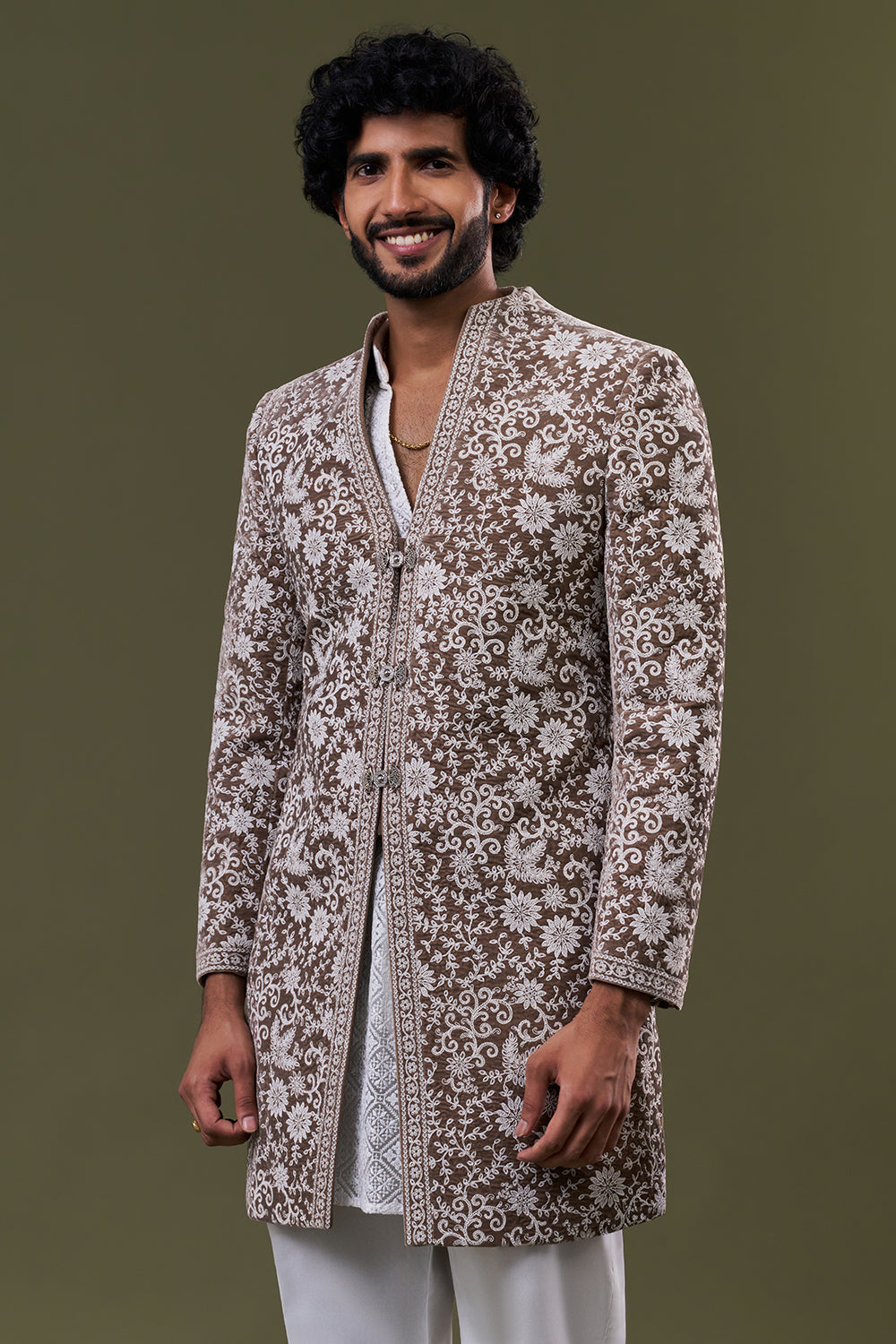 Brown Velvet Floral Resham Embroidered Jacket Set