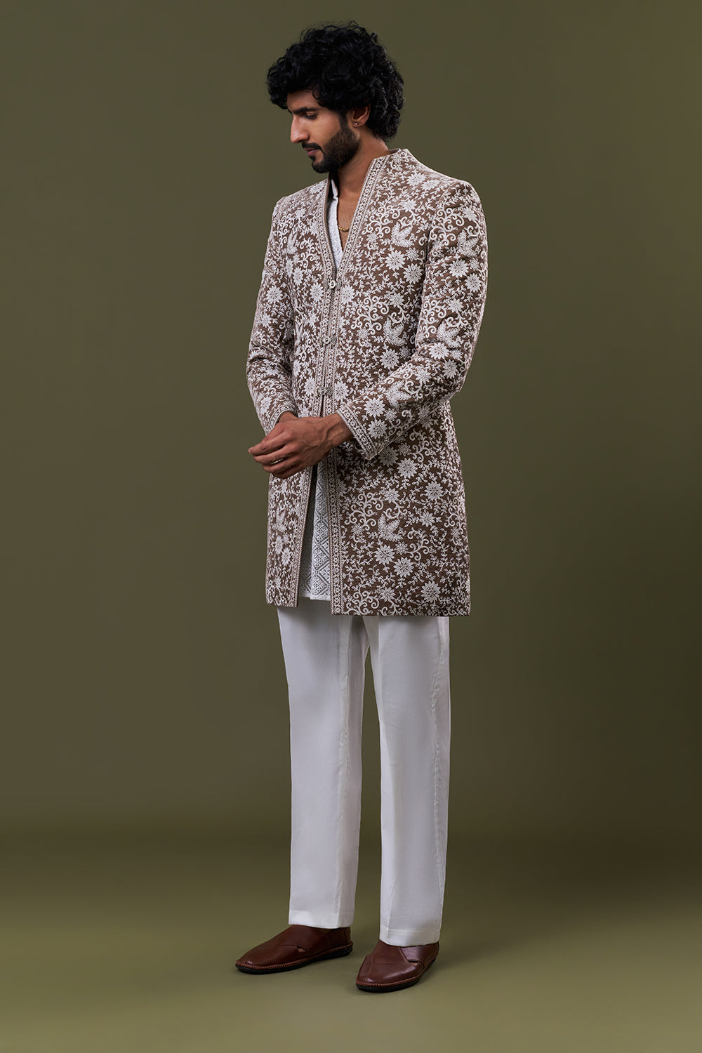 Brown Velvet Floral Resham Embroidered Jacket Set