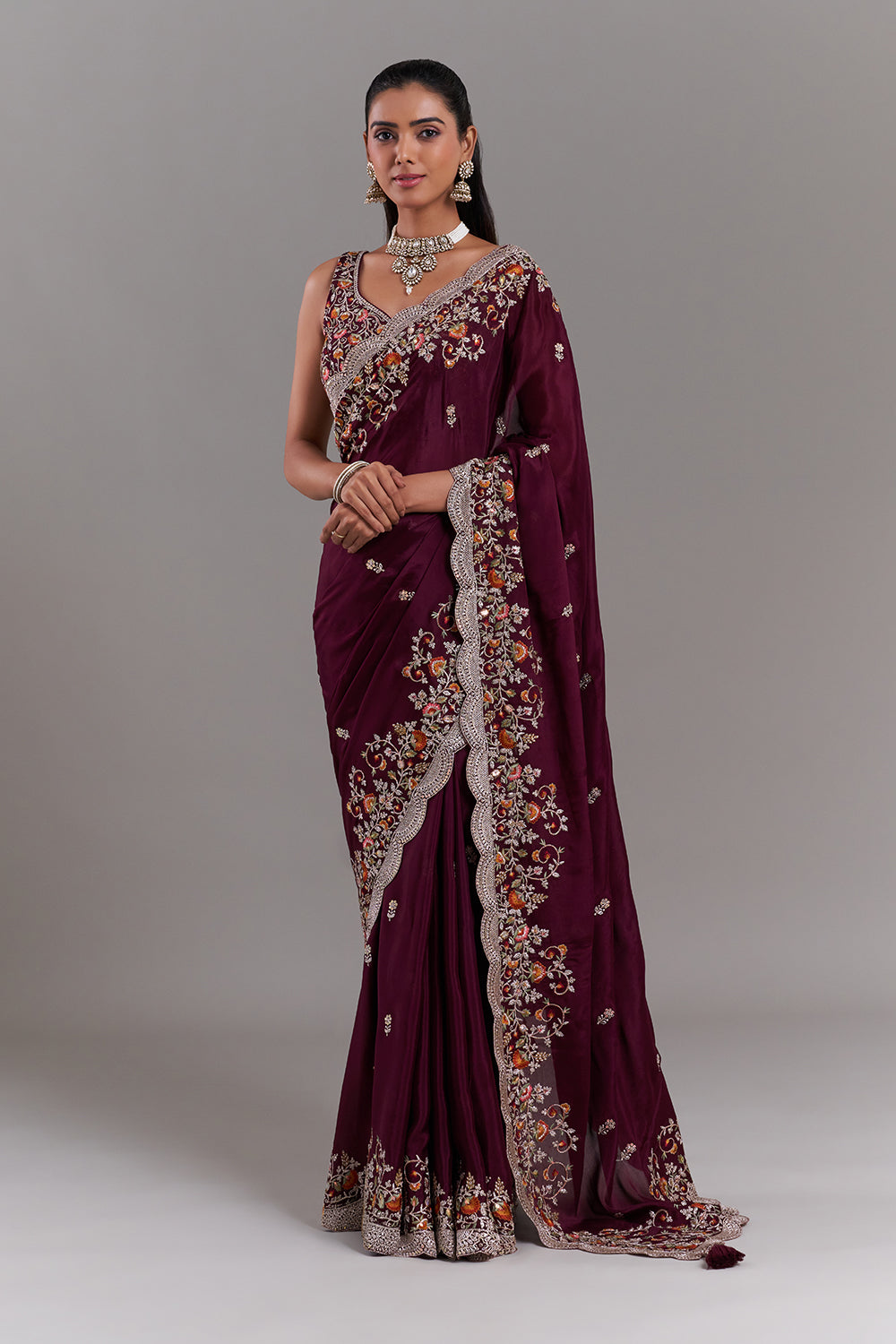 Burgundy Crepe Embroidered Saree with Stitched Blouse