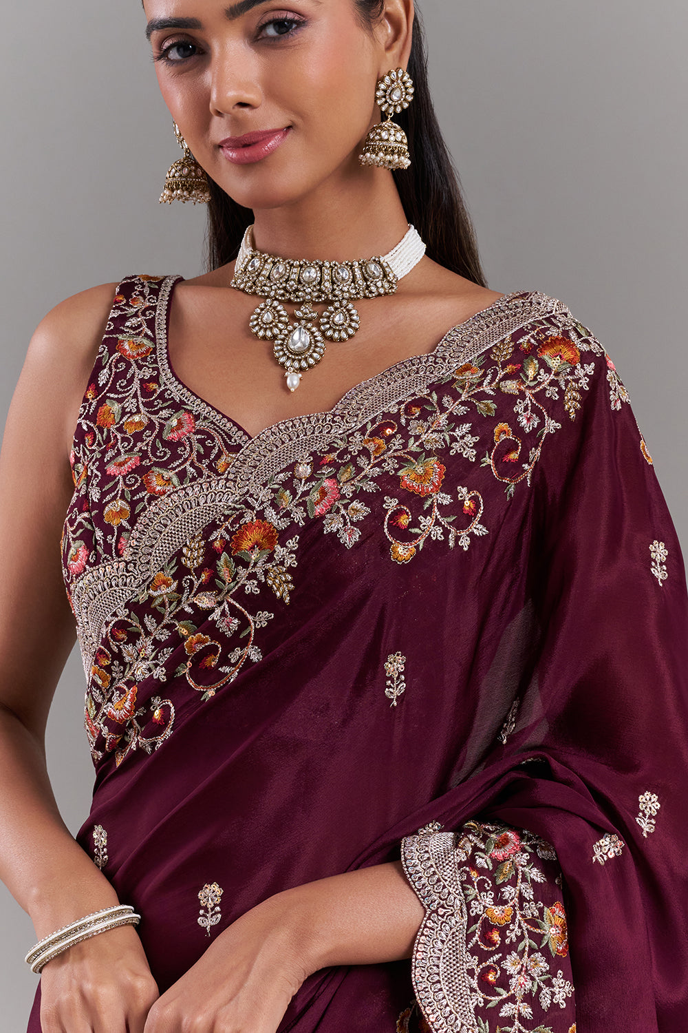 Burgundy Crepe Embroidered Saree with Stitched Blouse