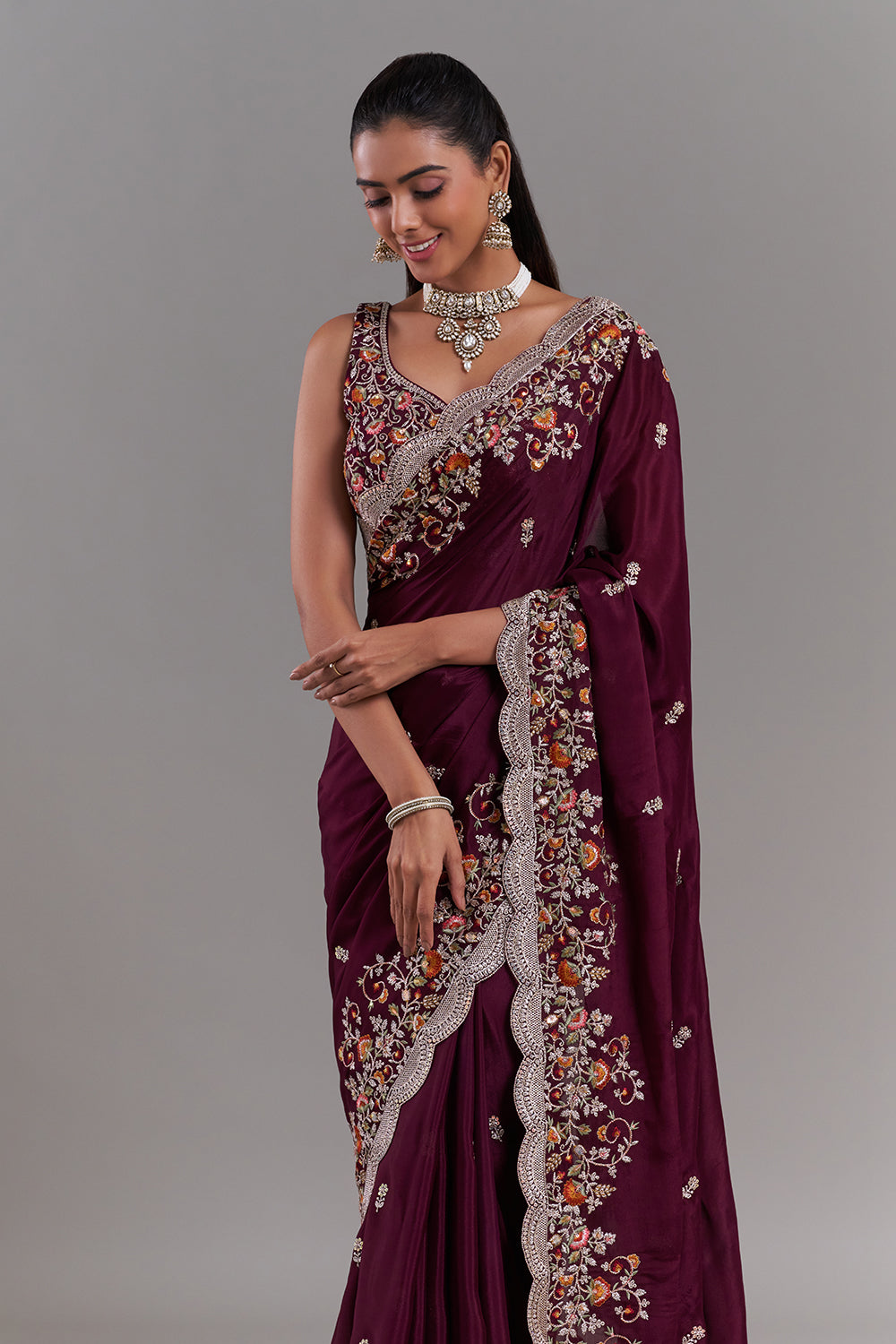 Burgundy Crepe Embroidered Saree with Stitched Blouse