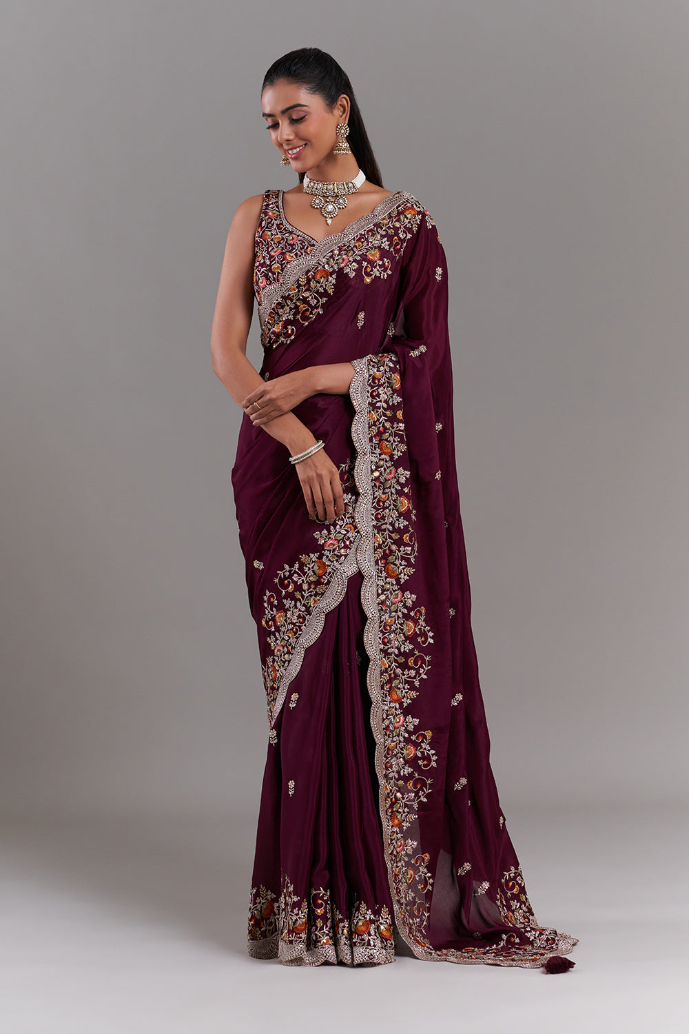 Burgundy Crepe Embroidered Saree with Stitched Blouse