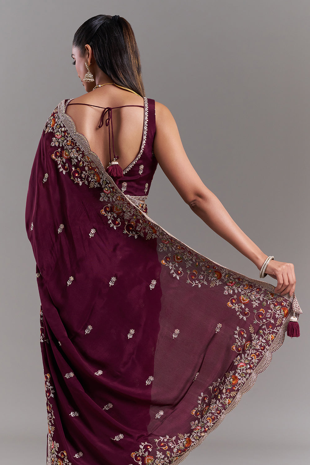 Burgundy Crepe Embroidered Saree with Stitched Blouse