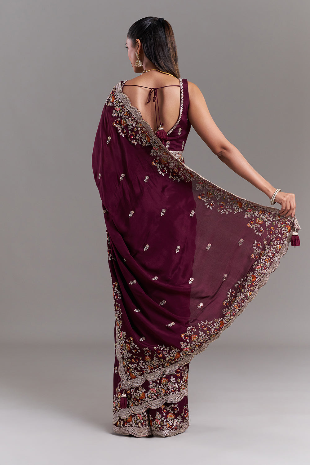 Burgundy Crepe Embroidered Saree with Stitched Blouse
