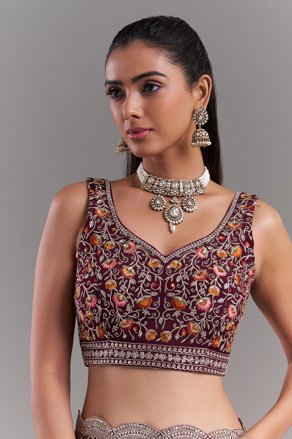 Burgundy Crepe Embroidered Saree with Stitched Blouse