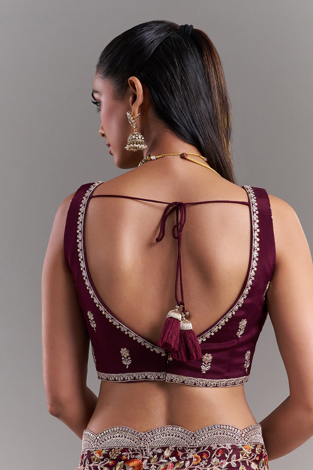 Burgundy Crepe Embroidered Saree with Stitched Blouse