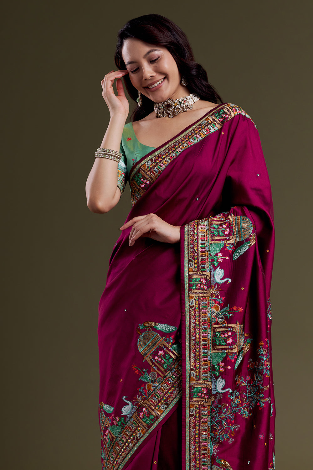 Burgundy heritage-embroidered silk saree