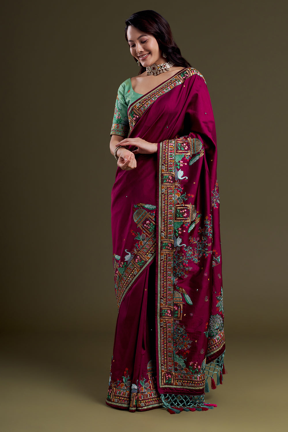 Burgundy heritage-embroidered silk saree