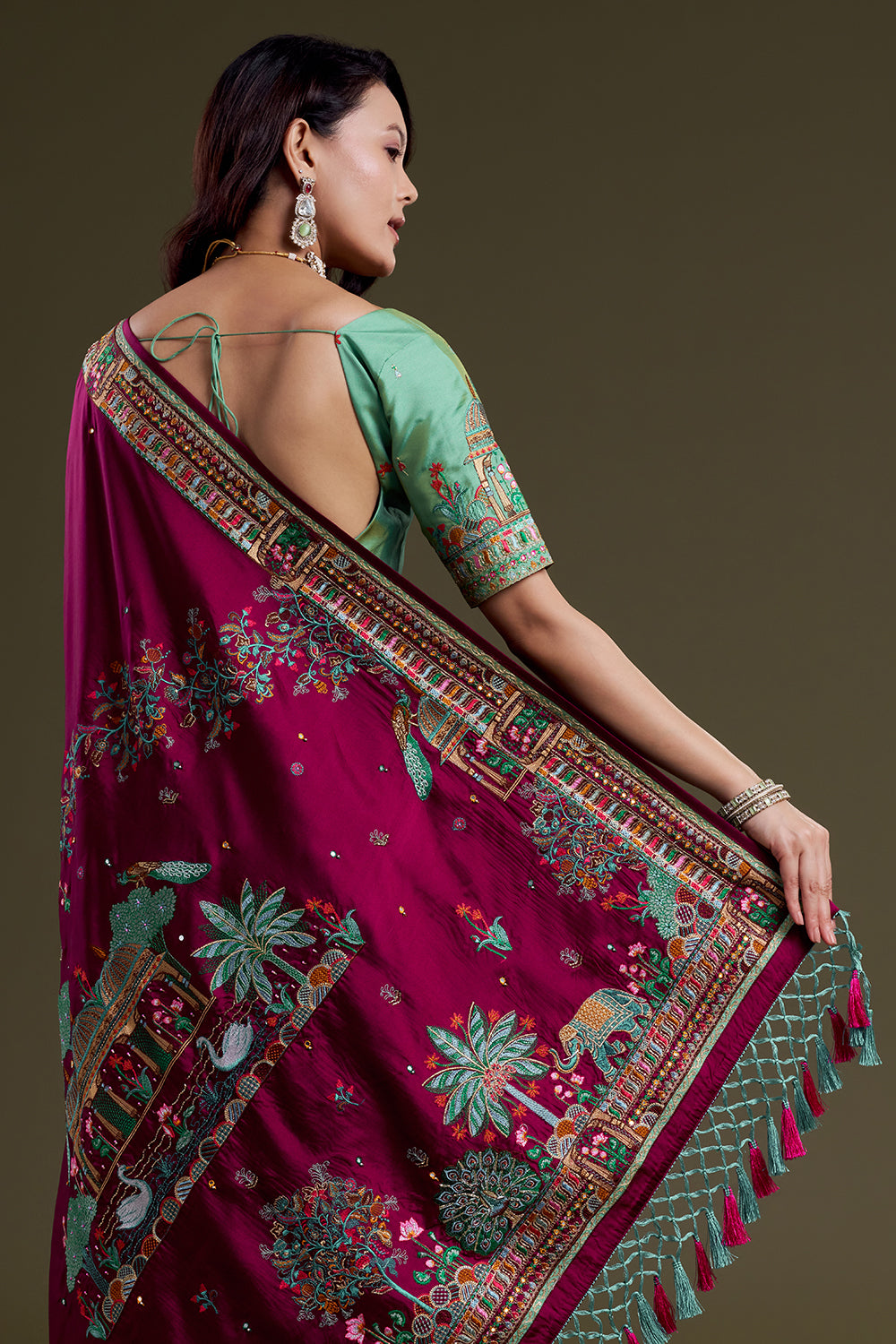Burgundy heritage-embroidered silk saree
