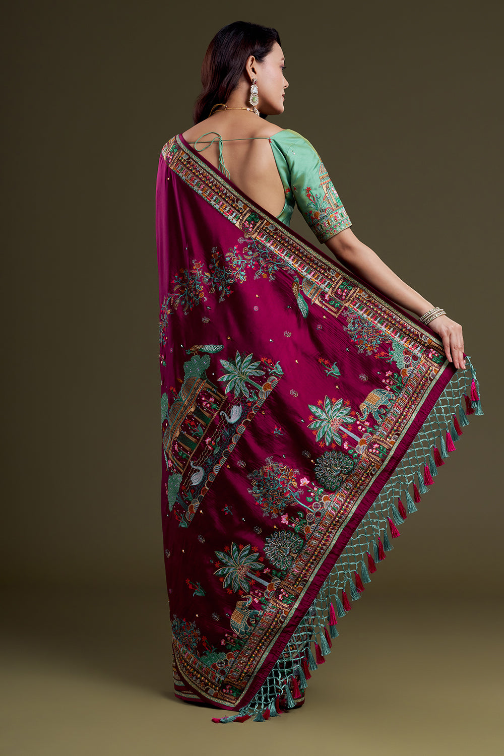 Burgundy heritage-embroidered silk saree