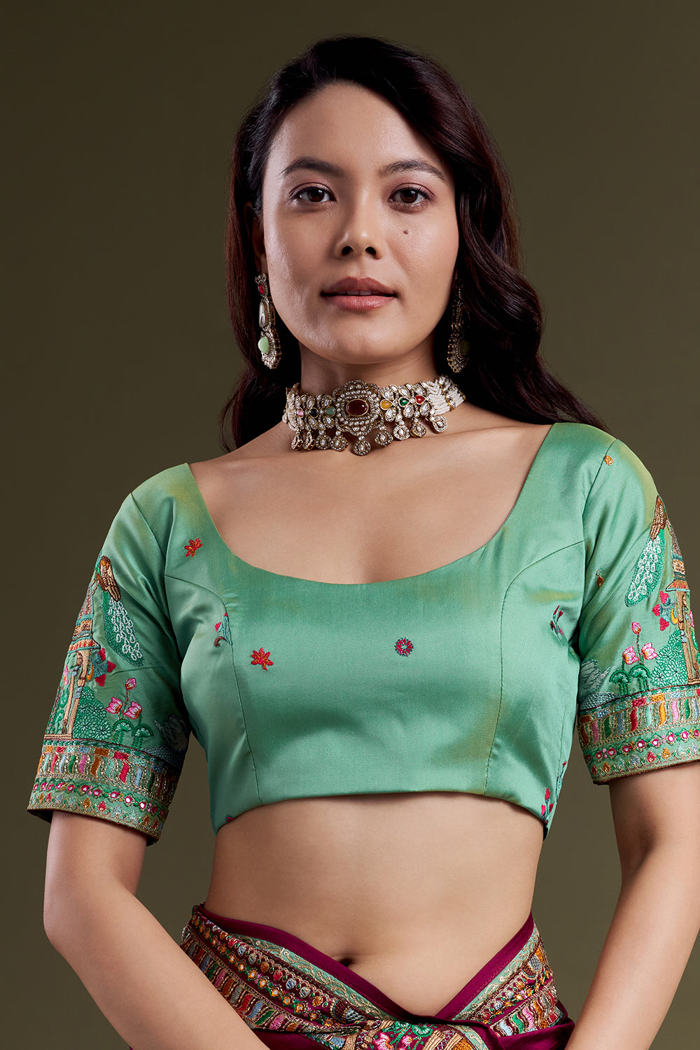 Burgundy heritage-embroidered silk saree