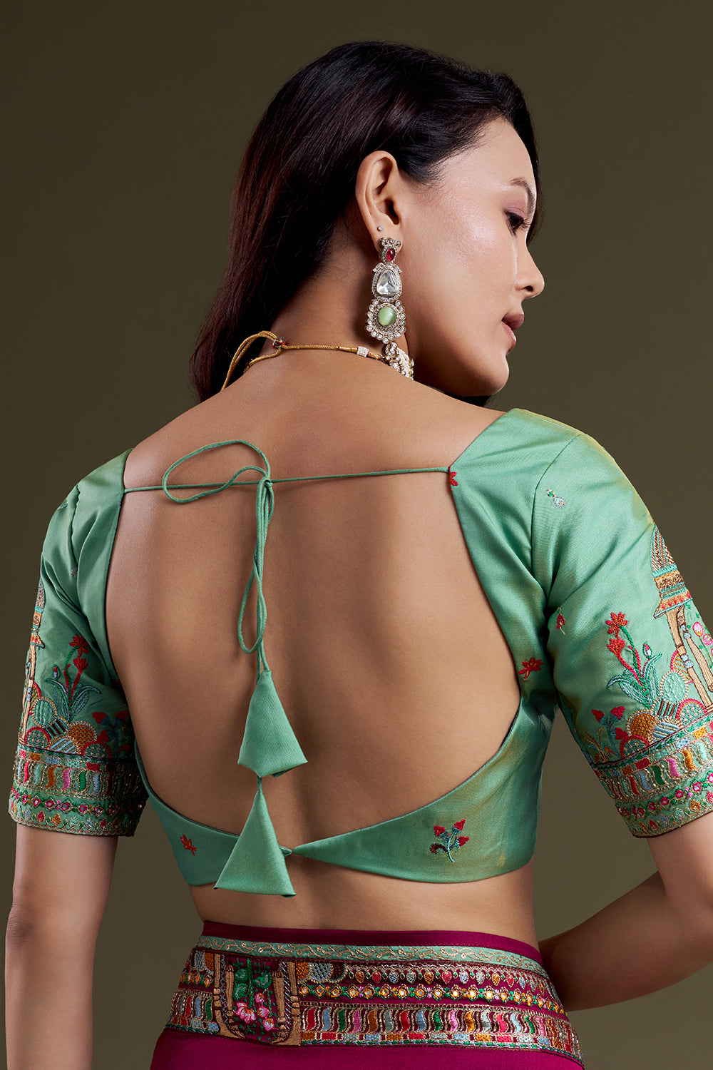 Burgundy heritage-embroidered silk saree