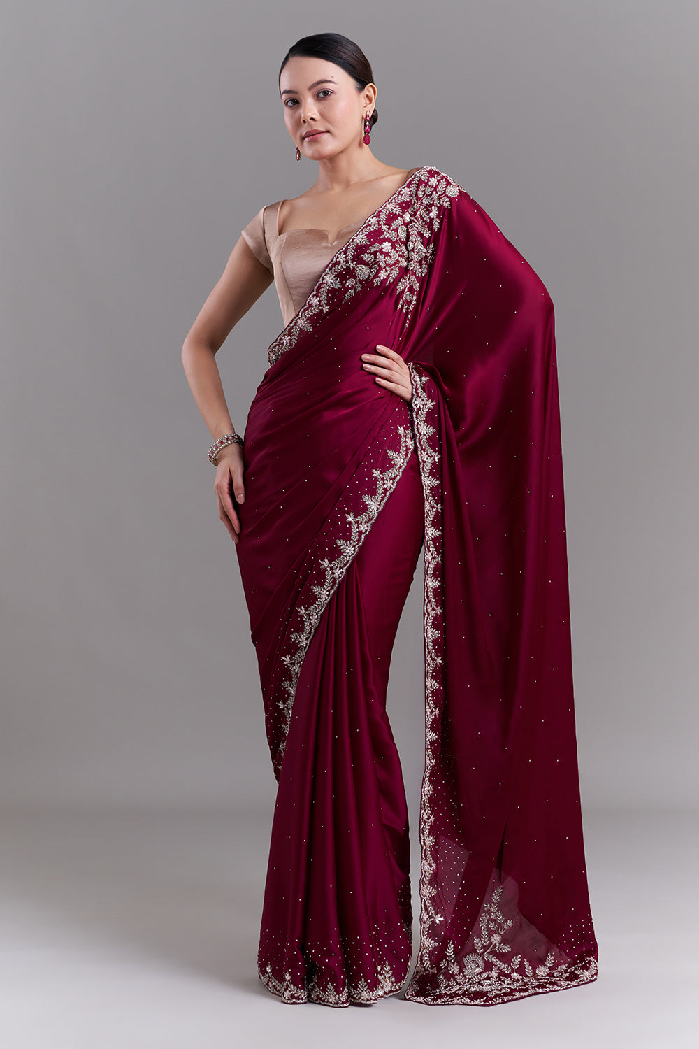 Burgundy Satin Saree with Ornate Floral Embellishments