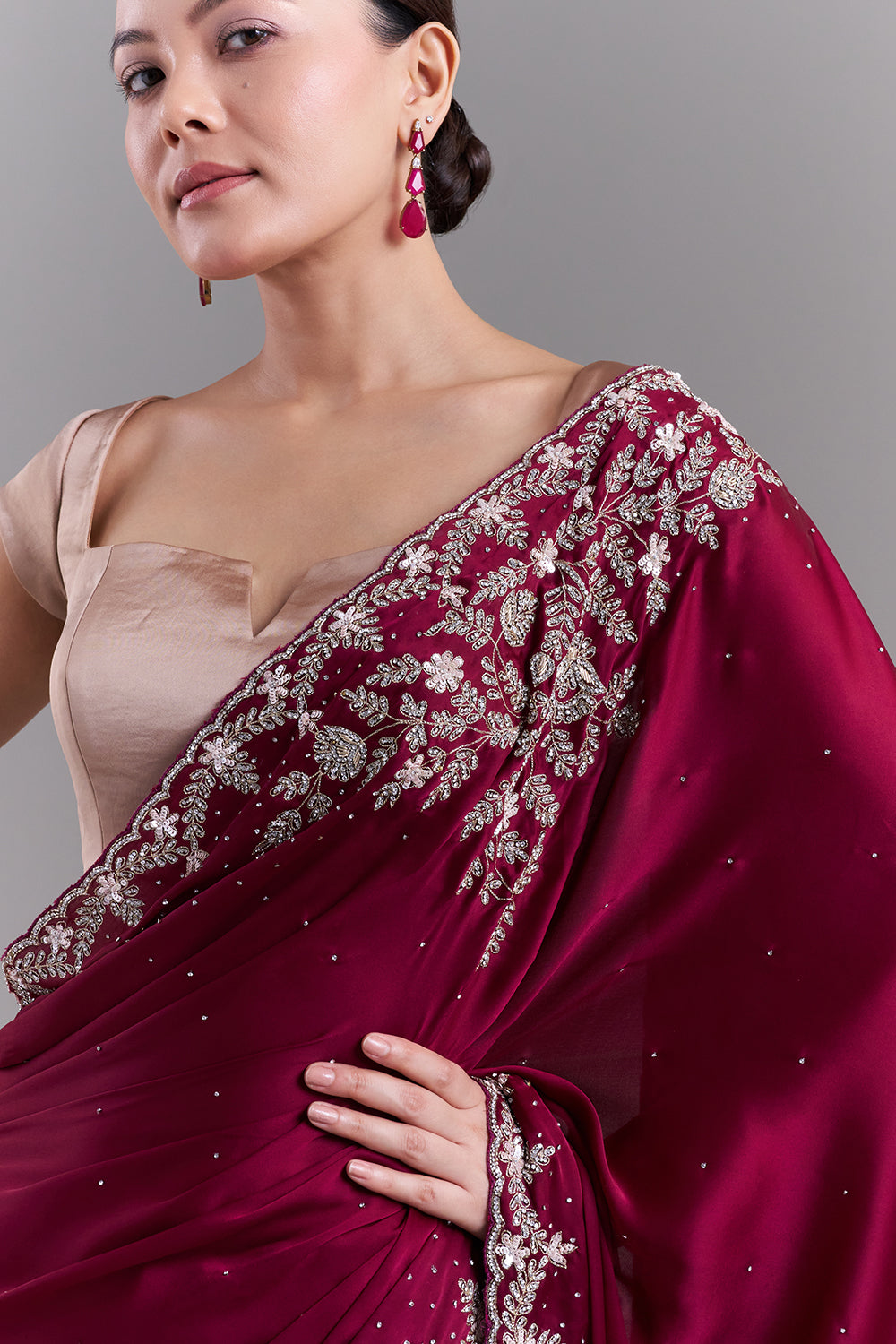 Burgundy Satin Saree with Ornate Floral Embellishments