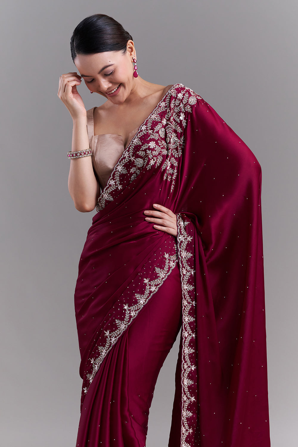 Burgundy Satin Saree with Ornate Floral Embellishments