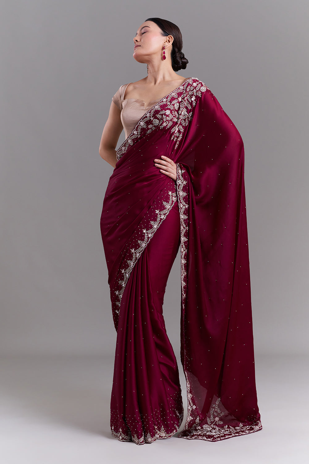Burgundy Satin Saree with Ornate Floral Embellishments