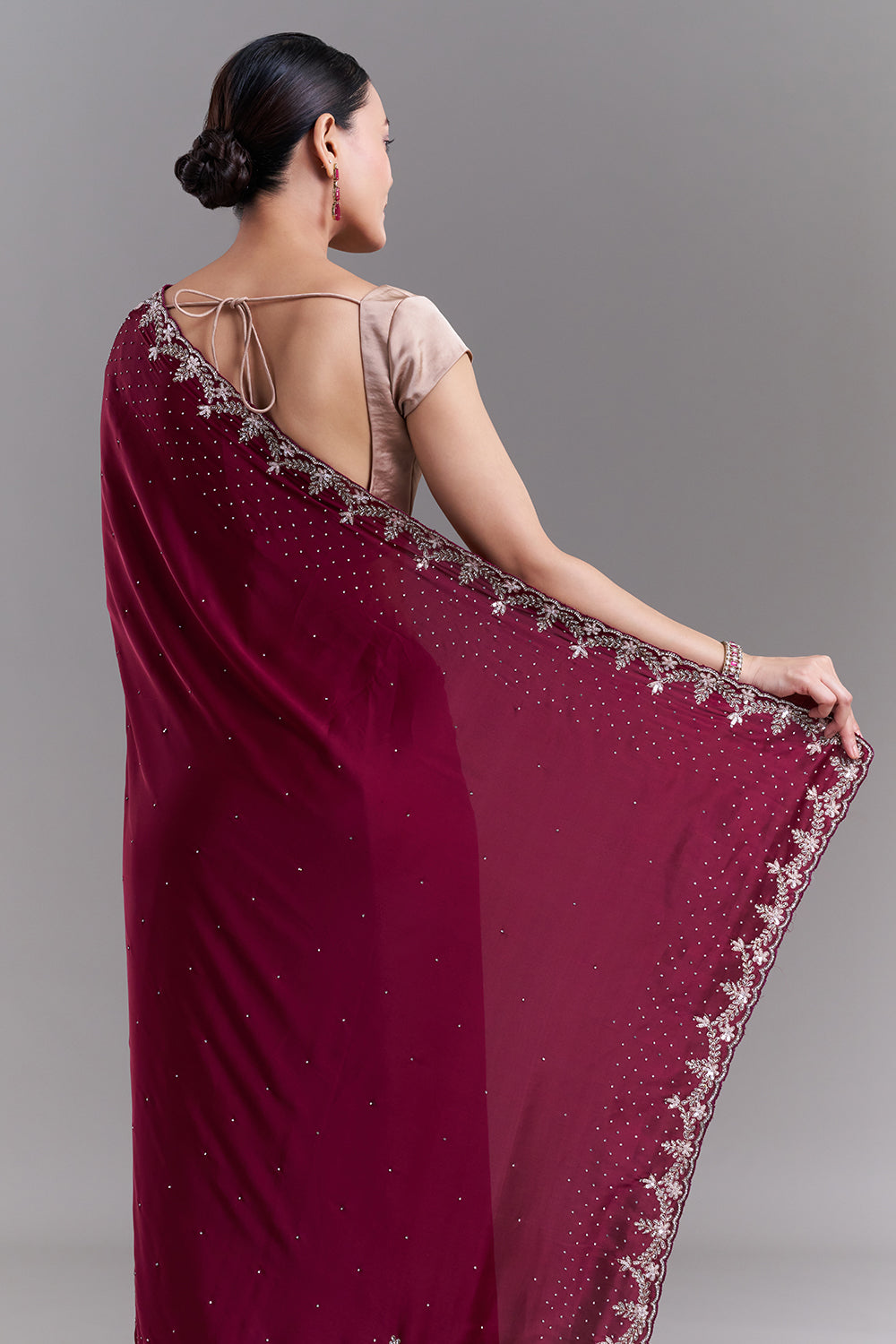 Burgundy Satin Saree with Ornate Floral Embellishments