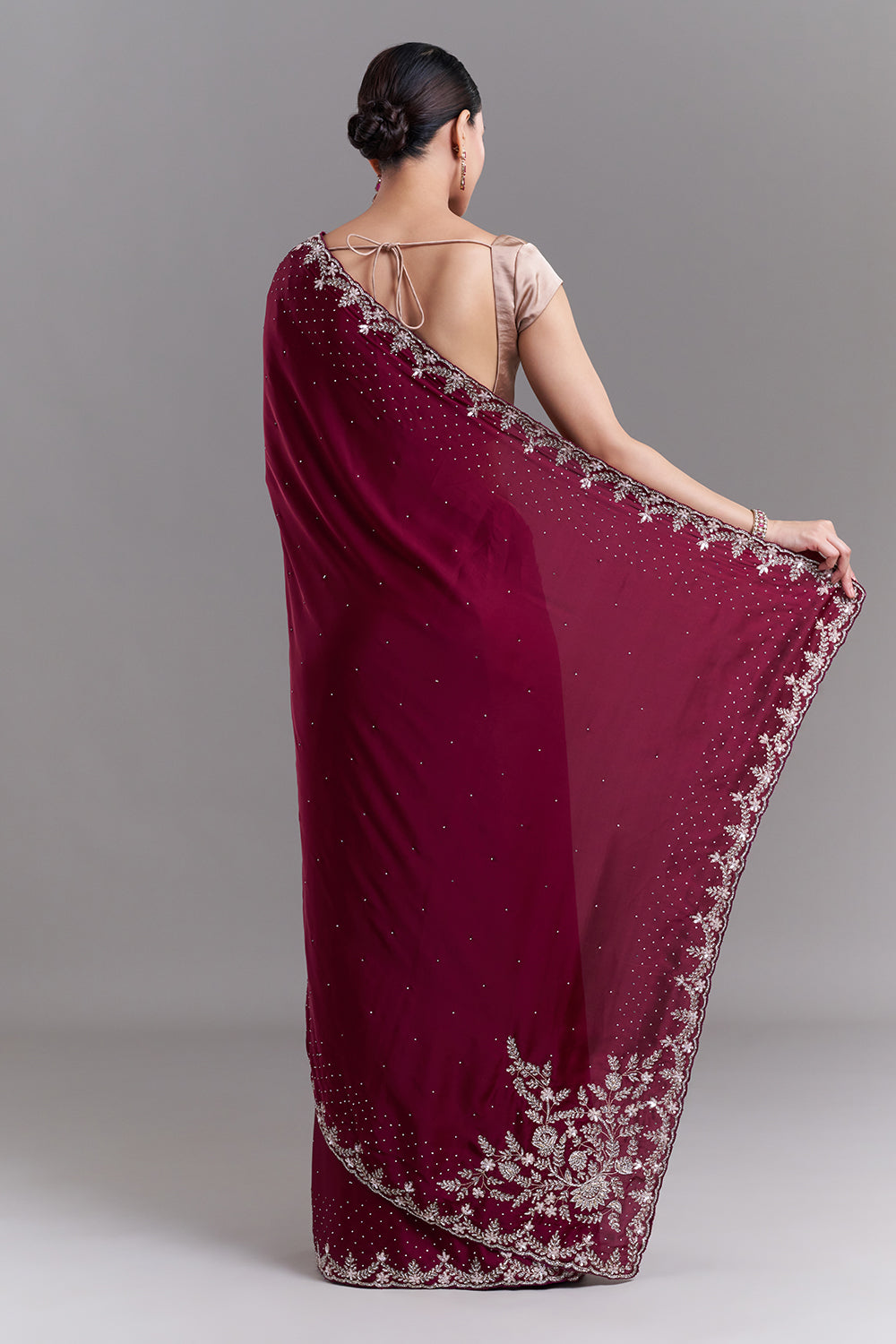 Burgundy Satin Saree with Ornate Floral Embellishments