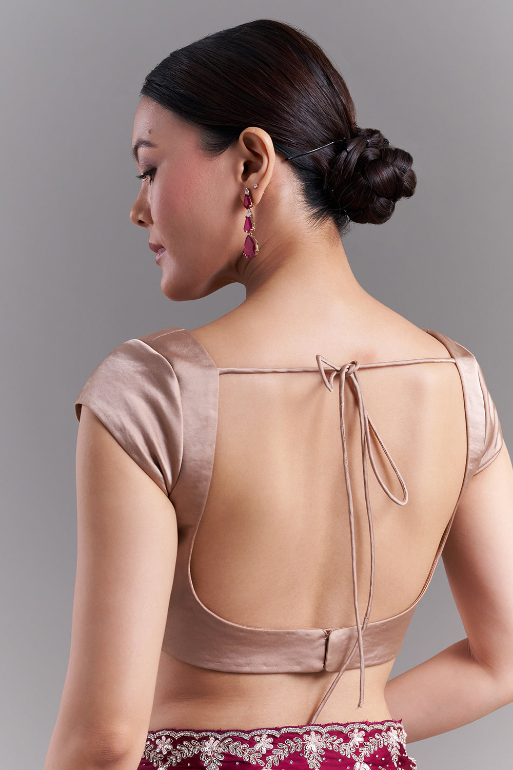 Burgundy Satin Saree with Ornate Floral Embellishments