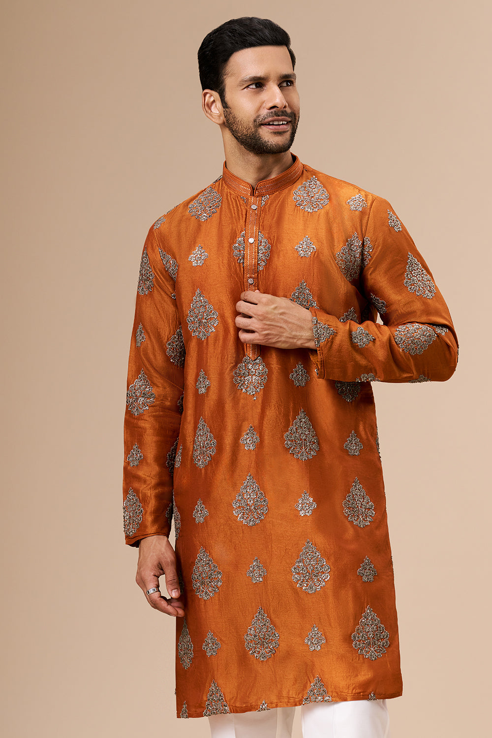 Burnt Orange Art Silk Mens Kurta Set with Zari and Sequin Work