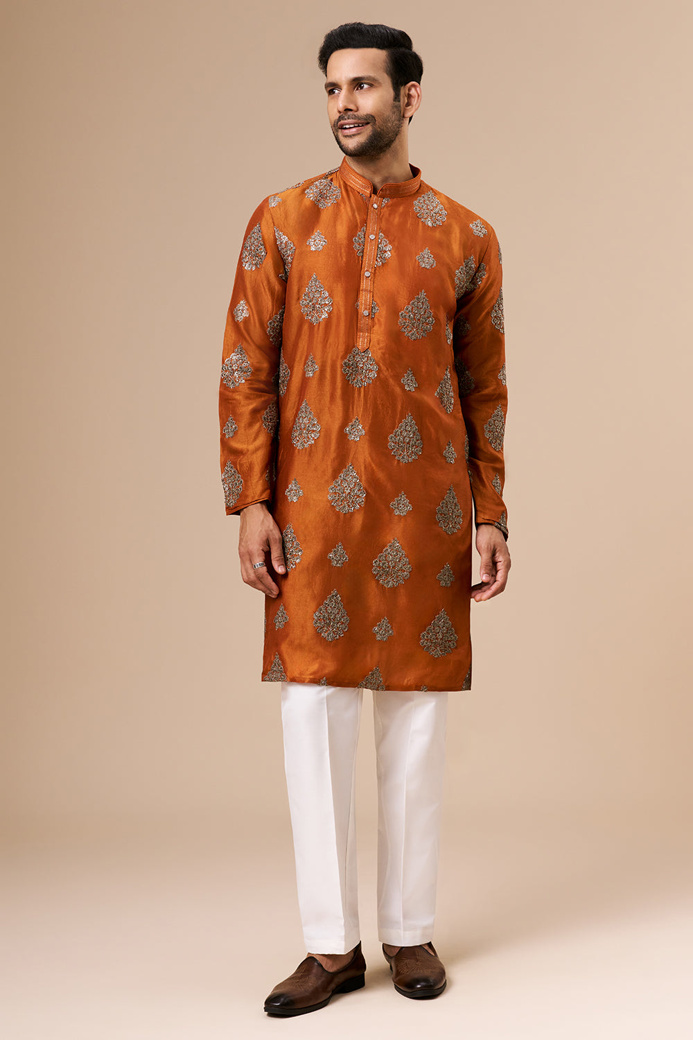 Burnt Orange Art Silk Mens Kurta Set with Zari and Sequin Work