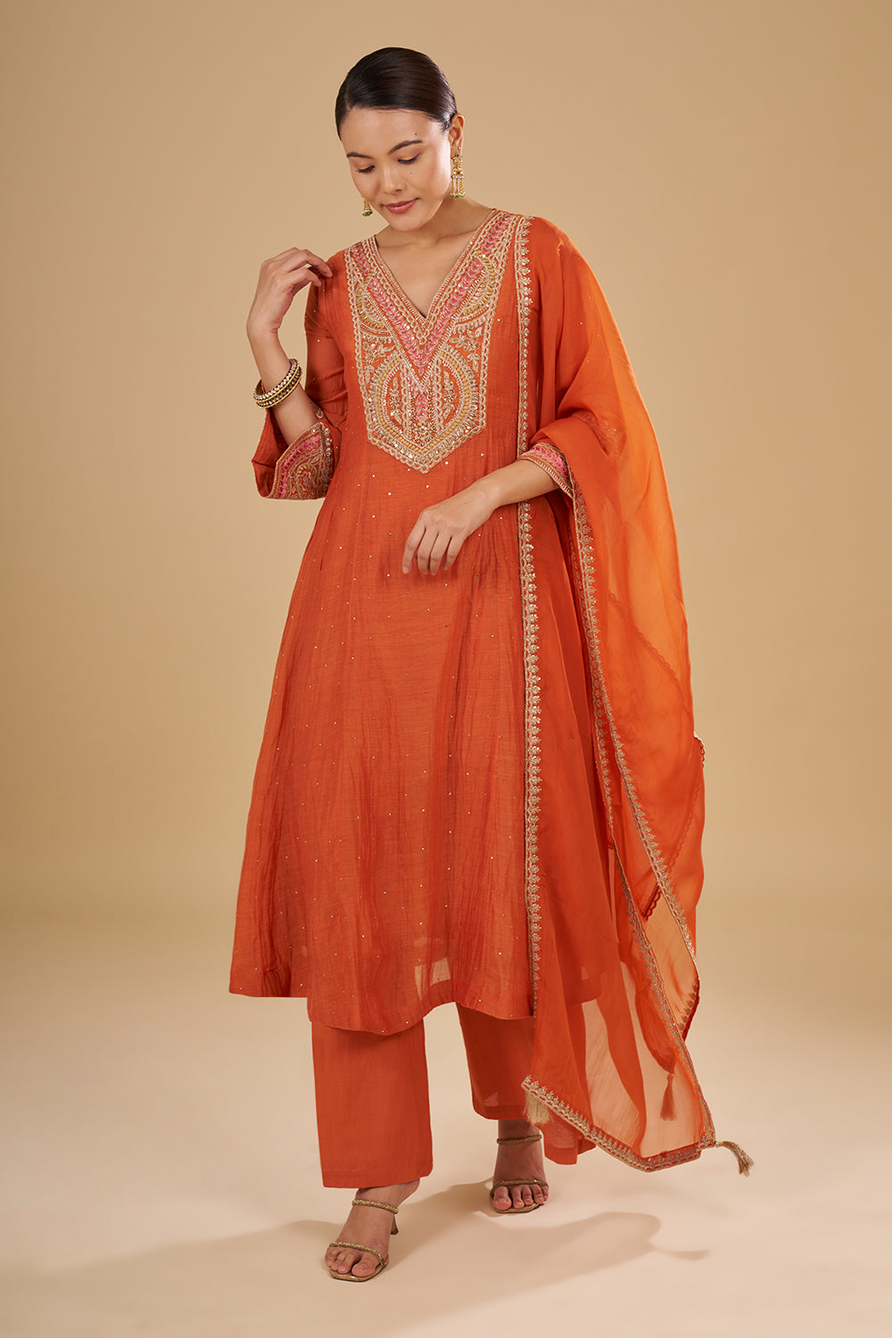 Burnt Orange Cotton Chanderi A-Line Anarkali Set with Zari, Sequins and Resham Embroidery